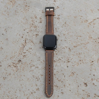 Crazy Kahve  Dikişli Apple Watch Deri Kordon - Camel İp