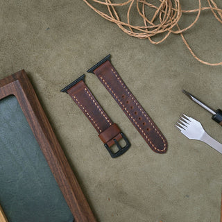 Crazy Kahve  Dikişli Apple Watch Deri Kordon - Camel İp