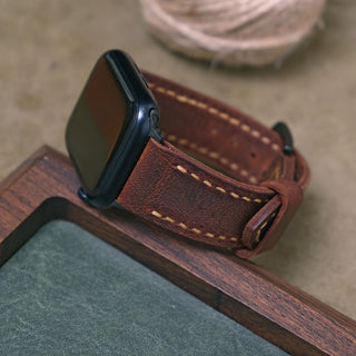 Crazy Kahve  Dikişli Apple Watch Deri Kordon - Camel İp