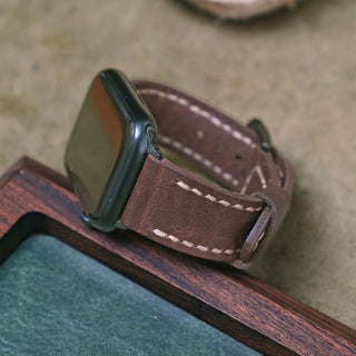 Kahve Dikişli Apple Watch Deri Kordon -  Bej İp